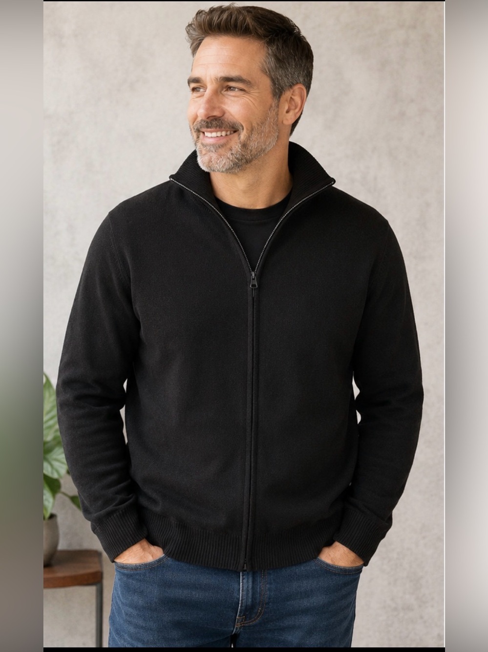 jf j.ferrar Black Full-Zip Ribbed Collar Sweater